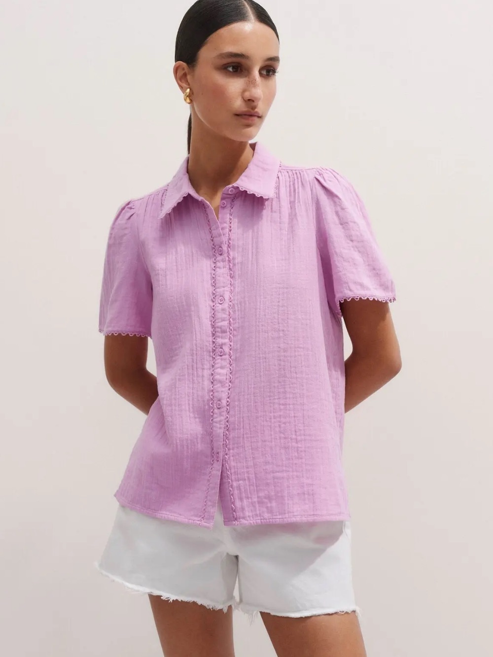 ME + EM Pinkish Purple Cotton Cheesecloth Lace Trim Short Sleeve Summer Top Sz 4